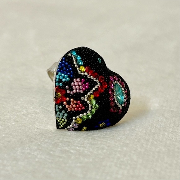 Solid Sterling Silver Micro Mosaic Heart Shaped Ring Size 7 - Picture 4 of 11